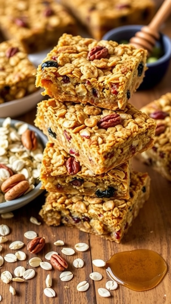 Stack of chewy homemade granola bars with nuts and dried fruits on a wooden table.